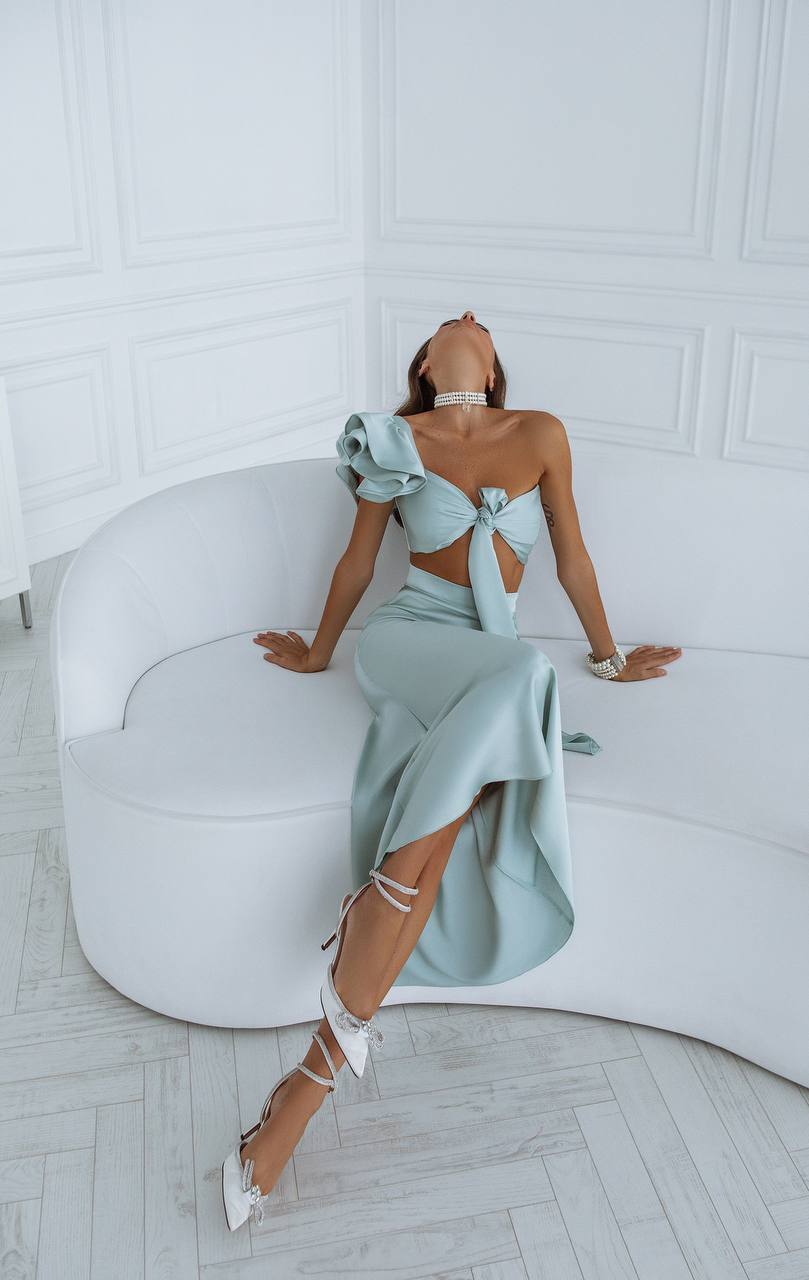 Satin Bow Top & Midi Skirt 2-Piece Set