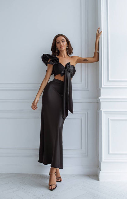 Satin Bow Top & Midi Skirt 2-Piece Set