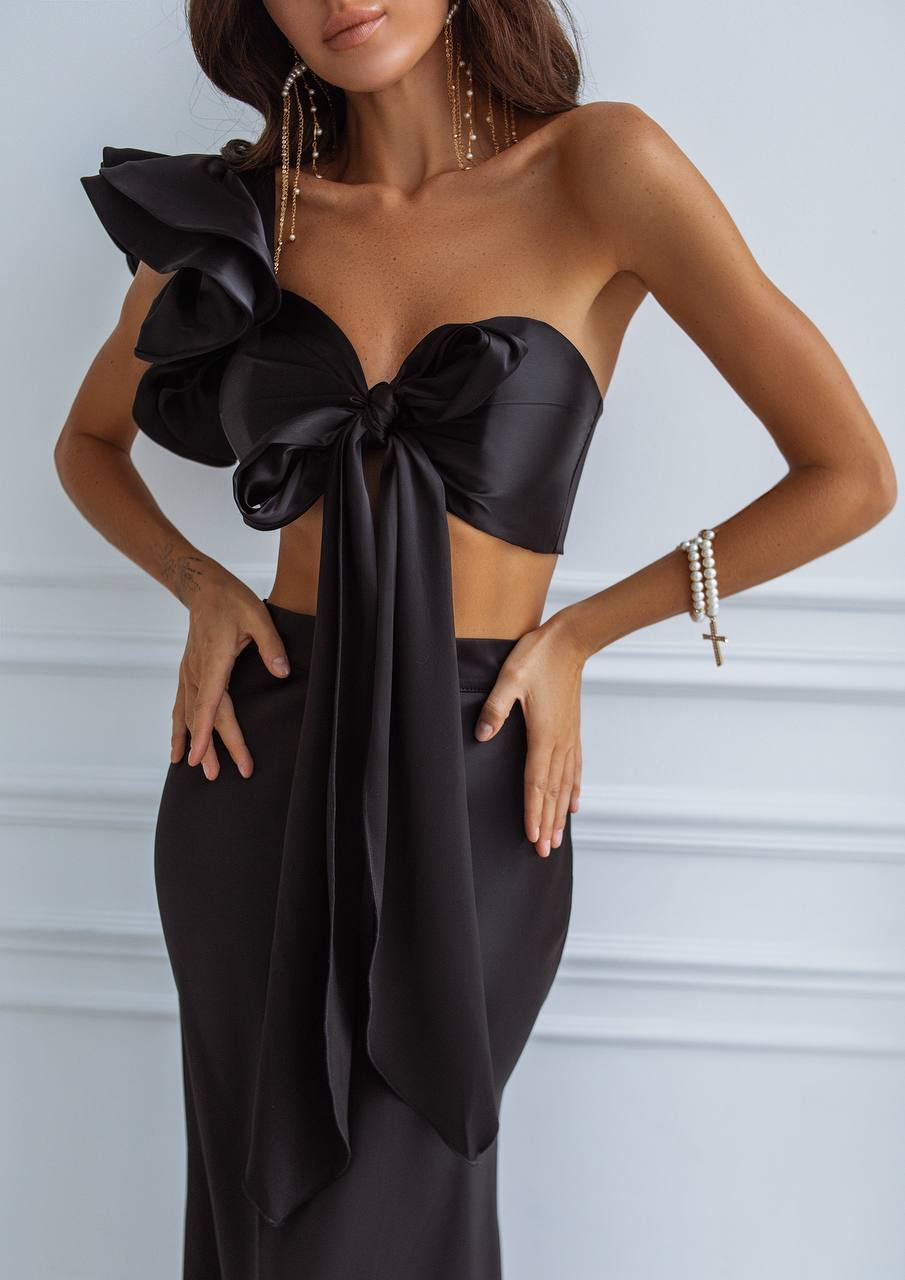 Satin Bow Top & Midi Skirt 2-Piece Set