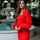 Square Neck Puff-Sleeve Midi Dress