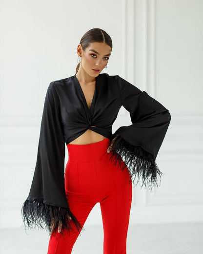 Silk Feather Sleeve Blouse