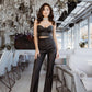 Eco Leather Suit Flared Trousers High Waist and Strapless Crop Top
