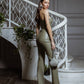 Eco Leather Suit Flared Trousers High Waist and Strapless Crop Top