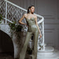 Eco Leather Suit Flared Trousers High Waist and Strapless Crop Top