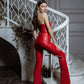 Eco Leather Suit Flared Trousers High Waist and Strapless Crop Top