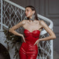 Eco Leather Suit Flared Trousers High Waist and Strapless Crop Top