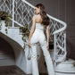 Eco Leather Suit Flared Trousers High Waist and Strapless Crop Top