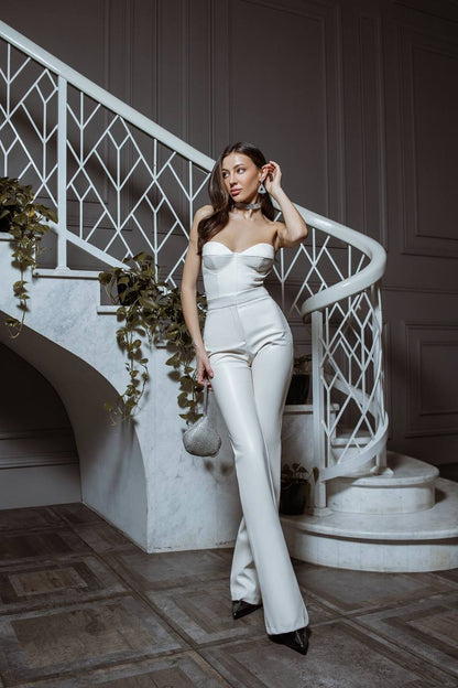 Eco Leather Suit Flared Trousers High Waist and Strapless Crop Top