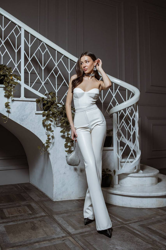 Eco Leather Suit Flared Trousers High Waist and Strapless Crop Top