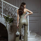 Eco Leather Suit Flared Trousers High Waist and Strapless Crop Top