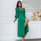 V-neck Buttoned Puff-Sleeve Midi Dress