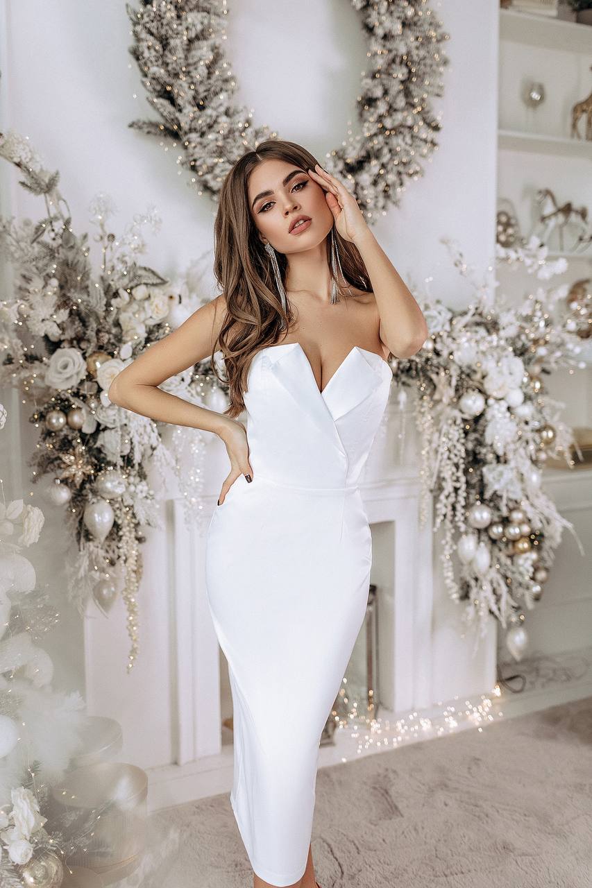 Satin Bridal V-neck Cocktail Midi Dress