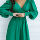 V-neck Buttoned Puff-Sleeve Midi Dress