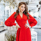 V-neck Buttoned Puff-Sleeve Midi Dress