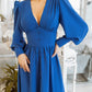 V-neck Buttoned Puff-Sleeve Midi Dress